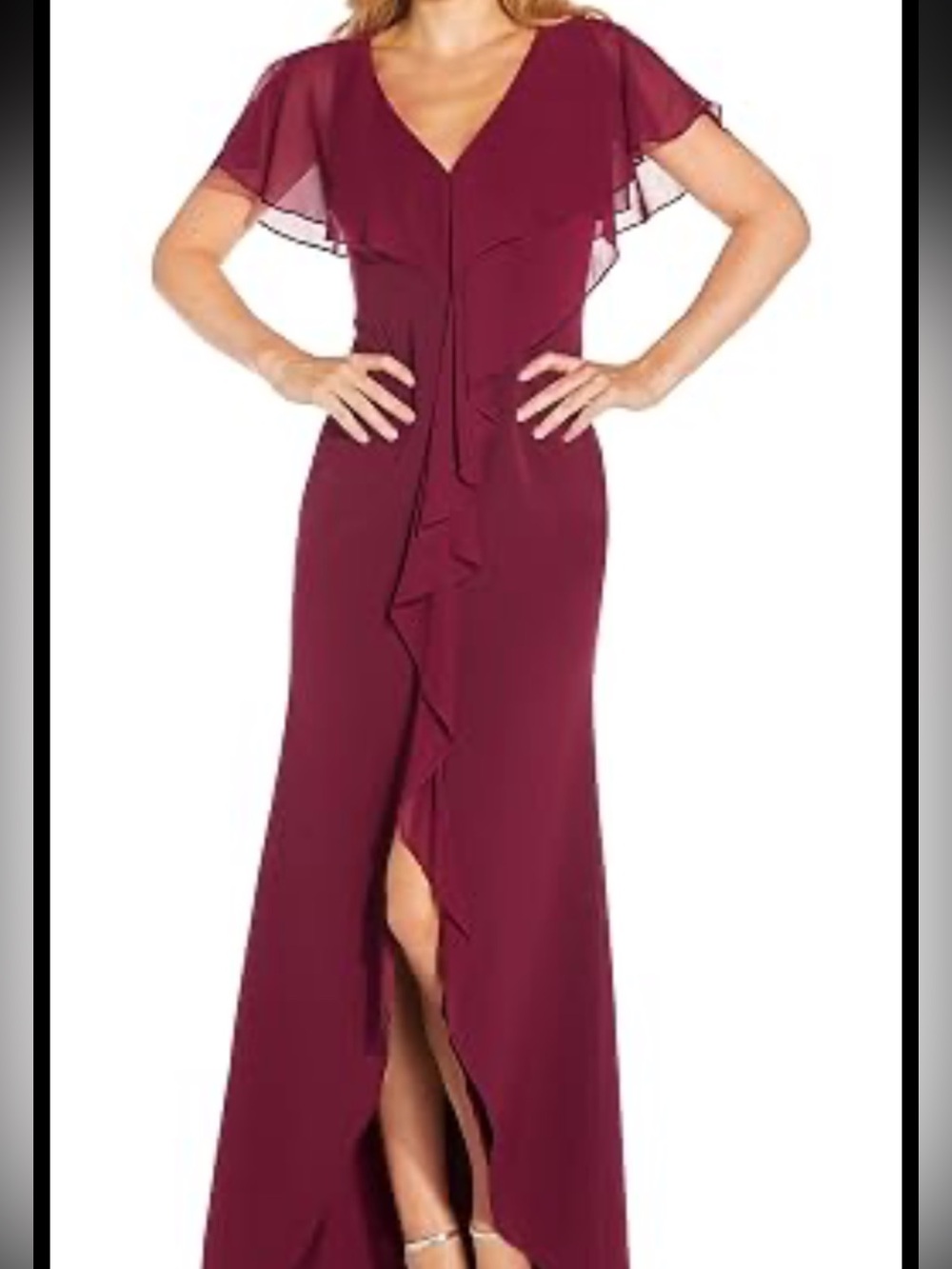 Adrianna Papell Burgundy Ruffle-Front Evening Gown